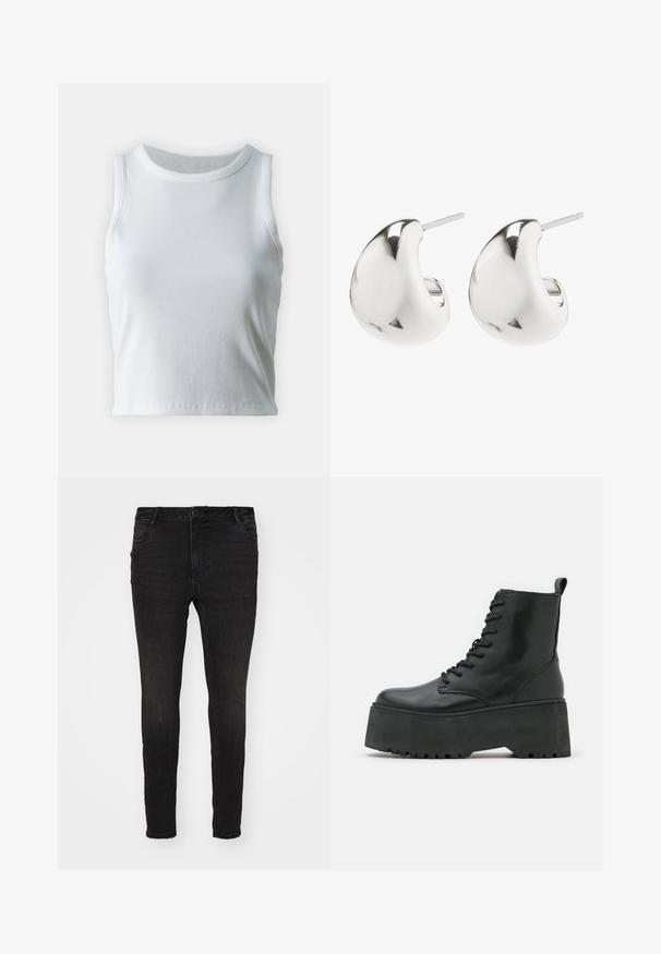 Valkoinen poimutettu hihaton toppi, jossa on pyöreä kaula-aukko, suora helma ja sileä, joustava materiaali.; Vero Moda Curve VMCFLASH SKINNY - Farkkuleggingsit - black denim; Mustat nilkkurit paksulla pohjalla, valmistettu sileästä nahasta, jossa on nauhakiinnitys ja vetotuki takana.; Hopeiset nappikorvakorut, joissa on sileä, kaareva muotoilu. Niissä on kiillotettu pinta ja taustatappi, joka varmistaa turvallisen käytön.