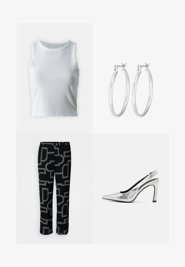Balts ribots topiņš ar apaļu kakla izgriezumu un bez piedurknēm, ar taisnu apakšmalu un gludu, elastīgu struktūru.; Melni bikses ar ģeometrisku baltu rakstu, aprīkotas ar elastīgu jostasvietu un platu kāju stilu. Mīksta auduma ar gludu tekstūru.; Sudraba siksnu papēži ar norādītu purngalu, ar teksturētu metāla apdari, augstu bloku papēdi un izgrieztu sānu detaļu, kas nodrošina elegantu dizainu.; Sudraba riņķveida auss gredzeni ar gludu, pulētu apdari. Apaļa forma un drošs klikšķa augšējais slēgums. Viegls dizains, kas piemērots ikdienas valkāšanai.