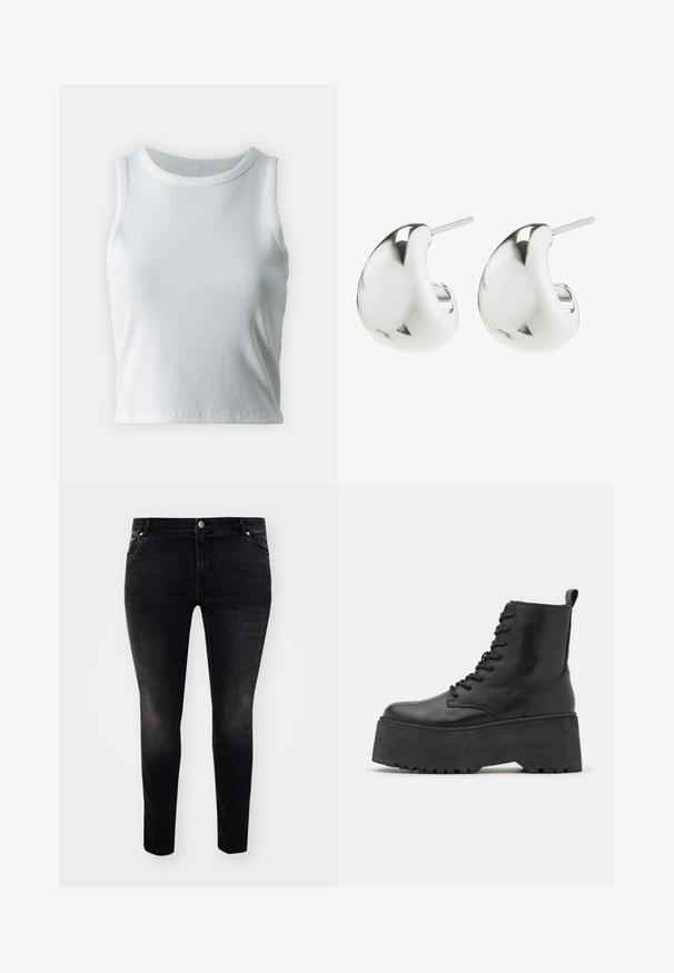 Bílý žebrovaný tílko s kulatým výstřihem a bezramínkovým designem, s rovnými lemy a hladkou, elastickou strukturou.; Černé džíny z denimu s úzkým střihem, designem pěti kapes, zapínáním na knoflík a mírným vyblednutím pro texturu. Minimalistický styl, bez viditelných vzorů.; Černé kotníkové boty s robustní platformou, vyrobené z hladké kůže, se šněrovacími prvky a poutkem na zadní straně.; Stříbrné náušnice s hladkým, zakřiveným designem. Mají lesklý povrch a zapínání na jehlu pro bezpečné nošení.