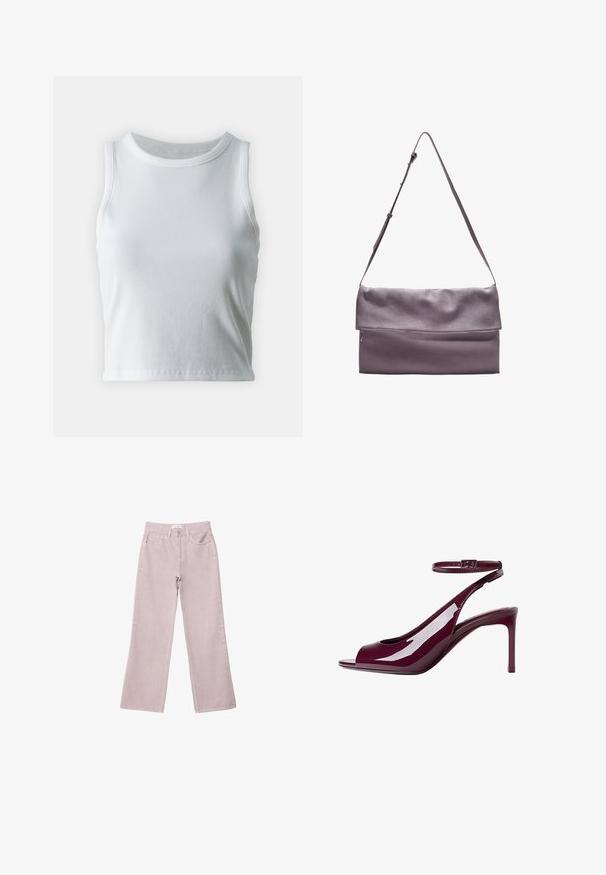 Biely rebrovaný top bez rukávov s okrúhlym výstrihom, so strapatým lemom a hladkou, elastickou textúrou.; Svetloružové nohavice širokého strihu vyrobené z denimu, s priehľadným zipsom, piatimi vreckami a jemnými detailmi šitia.; Burgundské patinové kožené sandále na vysokom opätku s otvorenou špičkou, prackou okolo členku a elegantným siluetom. Lesklý povrch zvyšuje vizuálnu príťažlivosť.; Sivá kožená crossbody taška s preklopným vekom, so zipsovým predným vreckom a nastaviteľným popruhom pre pohodlie.