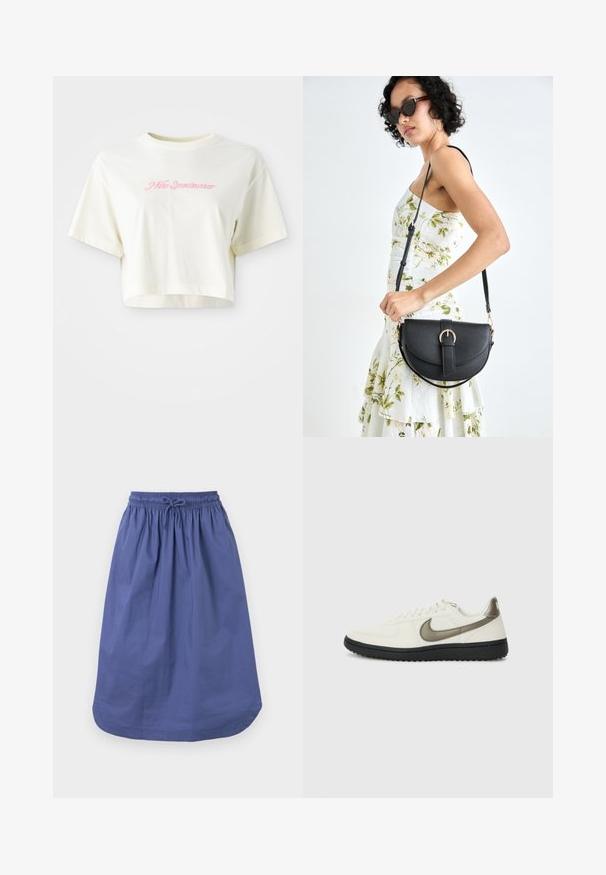 Tricou scurt, de culoare crem, realizat din bumbac. Prezintă un logo brodat roz care spune "Nike Sportswear". Are mâneci scurte și guler rotund.; Fustă albastră din bumbac cu talie elastică și șnur. Formă în A, lungime până la genunchi, textură netedă, fără modele sau accente.; Nike Sportswear FIELD GENERAL - Sneakers low - off-white/black; Geantă din piele neagră, cu o formă curbată, curea detașabilă și accesorii aurii. Geanta are un capac cu un detaliu tip cataramă.