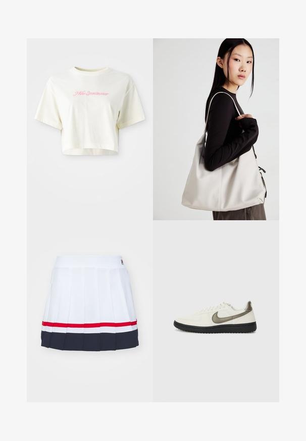 Trumpas, kreminės spalvos marškinėliai, pagaminti iš medvilnės. Puošti rožiniu siuvinėtu logotipu su užrašu "Nike Sportwear." Trumpomis rankovėmis ir apvaliu kaklu.; Balta plisuota sijonas su plačiu juosmeniu, turi raudonas ir tamsiai mėlynas juosteles palei apatinį kraštą. Pagamintas iš lengvos medžiagos.; Nike Sportswear FIELD GENERAL - Sportbačiai - off-white/black; Bežinė rankinė, pagaminta iš minkštos medžiagos, turinti laisvą dizainą, siuvinėtas detalės ir dvi petnešos. Tinkama kasdieniam naudojimui.