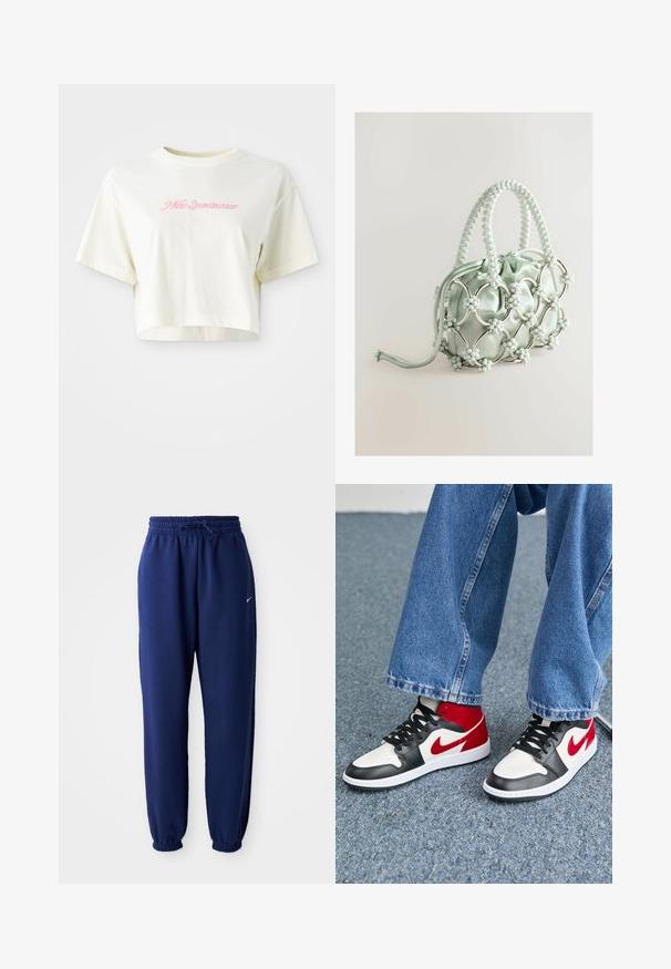 Rövid ujjú, krém színű, pamutból készült póló. A bal mellrészen rózsaszín hímezett logó található, amelyen a "Nike Sportwear" felirat olvasható. Kerek nyakú.; Navy kék sportnadrág puha anyagból, elasztikus derékpánttal és zsinórral, elasztikus mandzsettákkal és egy kis fehér logóval.; Fekete, fehér és piros magas szárú tornacipő, sima bőrből készült felsőrésszel, lekerekített orral és kontrasztos Swoosh logóval. Széles farmernadrággal párosítva.; Next Kézitáska - blue