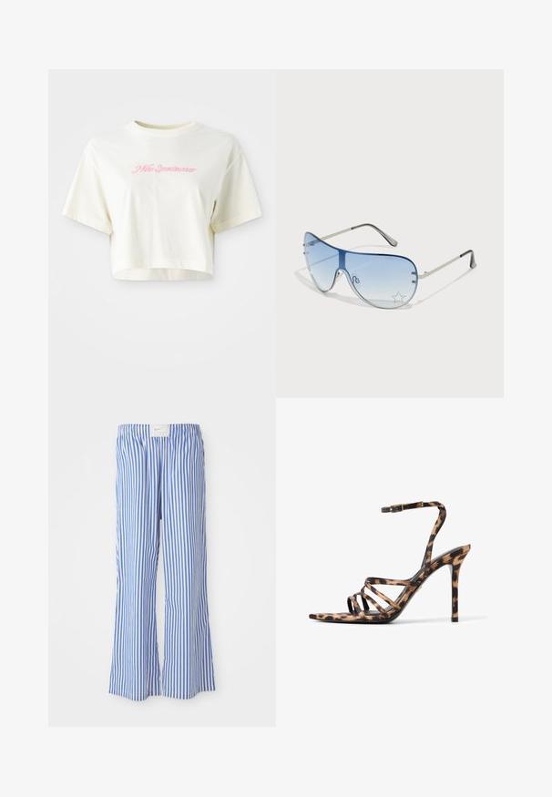 T-shirt cropped de couleur crème en coton. Présente un logo brodé rose avec l'inscription "Nike Sportwear". Manches courtes et encolure ronde.; Pantalons rayés bleus et blancs avec une coupe décontractée, fabriqués en tissu léger, dotés d'une taille élastique et d'une discrète étiquette de logo.; Sandale à talon haut en imprimé léopard avec de fines brides noires et une boucle à la cheville. Design à bout ouvert et talon aiguille. Texture lisse.; Lunettes de soleil aviateur avec des verres dégradés bleus, une monture en métal argenté et des accents décoratifs en forme d'étoile sur les verres. Design lisse et élégant.
