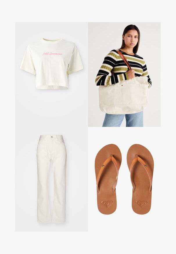 Cropped, cream-colored t-shirt made of cotton. Features a pink embroidered logo that reads "Nike Sportwear." Short sleeves and a round neckline.; White denim trousers with a high waist and wide-leg fit. Features a button and zipper closure, belt loops, and subtle stitching details.; Brown synthetic flip-flops with orange straps, textured surface, and embossed heart logo detail on the sole.; Large beige canvas tote bag with brown leather straps, featuring a minimal design and visible stitching accents.