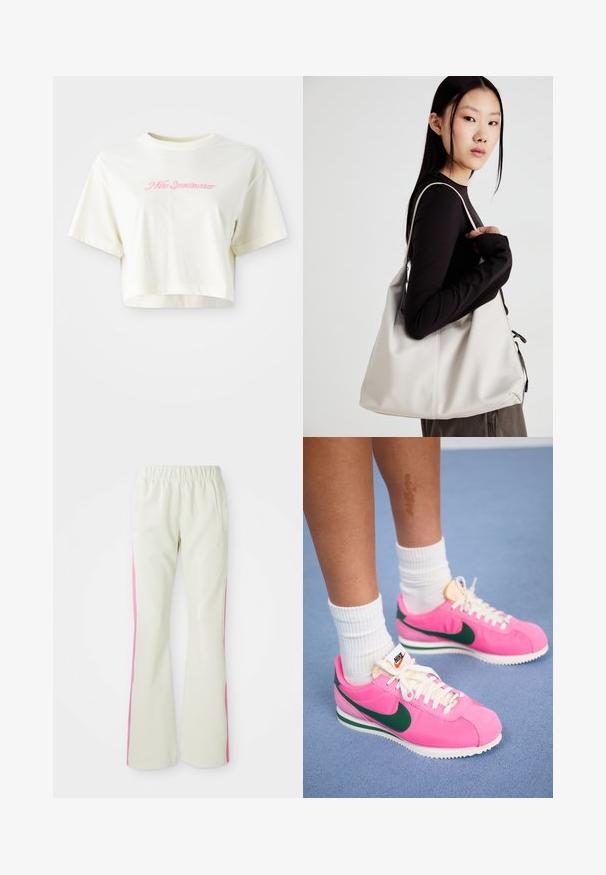 T-shirt cortada, de cor creme, feita de algodão. Apresenta um logo bordado em rosa que diz "Nike Sportwear". Com mangas curtas e gola redonda.; Calças bege claras com uma cintura elástica, apresentando painéis laterais cor-de-rosa e bolsos laterais. Textura suave com um design de perna reta.; Sapatilhas Nike em rosa com detalhes em verde, apresentando um material liso, atacadores brancos e uma sola texturizada. Meias brancas visíveis acima do tornozelo.; Uma bolsa bege feita de material macio, com um design descontraído, detalhes de costura e duas alças para o ombro. Adequada para uso diário.
