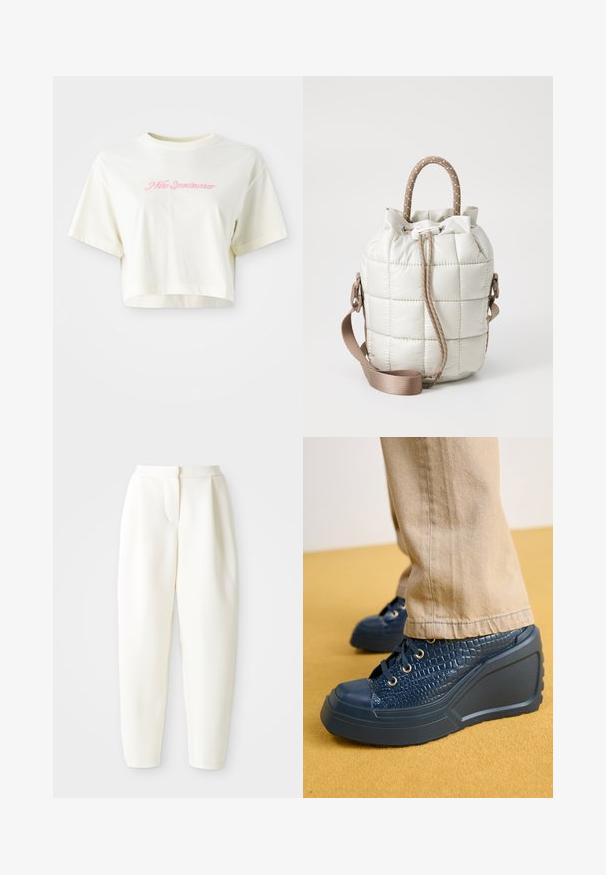 Tricou scurt, de culoare crem, realizat din bumbac. Prezintă un logo brodat roz care spune "Nike Sportswear". Are mâneci scurte și guler rotund.; Pantaloni albi, cu talie înaltă și croială conică, având închidere frontală ascunsă și buzunare laterale, expuși pe un fundal alb simplu.; Pantofi cu toc wedge de culoare navy, realizati dintr-un material texturat cu model de crocodil, cu ochiuri aurii si varf din cauciuc, asortati cu pantaloni din material bej.; Geantă beige deschis matlasată cu vârf strâns, având un mâner împletit și o curea detasabilă. Textură netedă cu o strălucire subtilă.