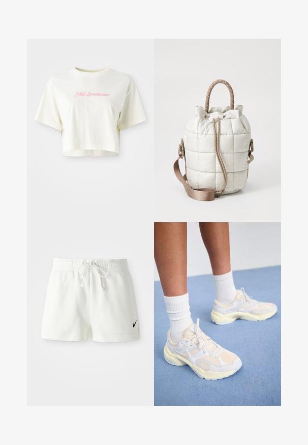 Beskåret kremfarget t-skjorte laget av bomull. Har en rosa brodert logo med teksten "Nike Sportswear." Korte ermer og rund hals.; Hvite bomullssportshorts med elastisk midje og snor, med en liten svart Nike swoosh på venstre ben.; Smarte, atletiske sko i lys gul og hvit, med mesh- og syntetiske materialer, en avrundet form og teksturerte såler.; Quiltet lys beige veske med snøring i toppen, med en flettet håndtak og avtagbar stropp. Glatt tekstur med myk glans.
