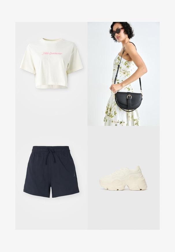 Beskåret kremfarget t-skjorte laget av bomull. Har en rosa brodert logo med teksten "Nike Sportswear." Korte ermer og rund hals.; Marine treningsshorts laget av fukttransporterende stoff, med elastisk linning og snor, samt en liten logo.; Chunky hvite sneakers laget av teksturert mesh og syntetiske materialer, med en tykk såle og intrikate mønsterdetaljer langs sidene.; Svart lærveske med en buet form, avtagbar stropp og gullbeslag. Vesken har et klaff med spenne-detall.