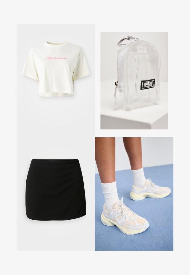 Skrajšana, krema barve majica iz bombaža. Ima roza vezen logotip z napisom "Nike Sportwear." Ima kratke rokave in okroglo ovratnik.; Vero Moda Petite VMLIVA SKORT - Kratke hlače - black; Sodobni atletski čevlji v svetlo rumeni in beli barvi, ki vključujejo mrežaste in sintetične materiale, zaobljeno obliko in teksturirane podplate.; Prozoren PVC mini nahrbtnik z belim zadrgo in naramnicama. Ima črno oznako in srebrno karabin. Kompaktna pravokotna oblika.