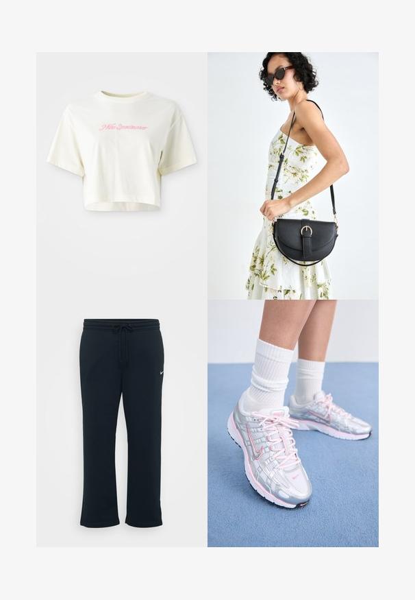 T-shirt cortada, de cor creme, feita de algodão. Apresenta um logo bordado em rosa que diz "Nike Sportwear". Com mangas curtas e gola redonda.; Sweatpants pretos com uma cintura elástica e cordão ajustável. Apresenta um pequeno logótipo da Nike em branco no lado esquerdo. Textura de tecido suave.; Sapatos de corrida Nike com um upper de malha prateada com detalhes em rosa, atacadores brancos e uma sola texturizada. Usados com meias de algodão brancas para desporto.; Bolsa de couro preta com forma curva, alça destacável e detalhes em dourado. A bolsa possui uma aba com detalhe de fivela.