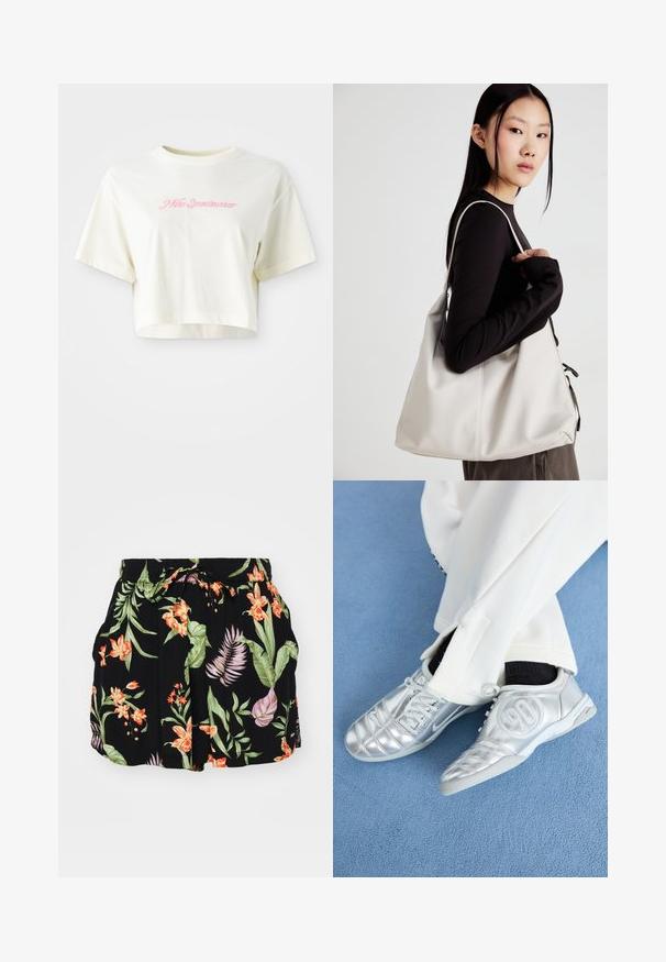 Afskåret, cremefarvet t-shirt lavet af bomuld. Har et pink broderet logo, der står "Nike Sportwear." Korte ærmer og en rund halsudskæring.; Sorte shorts med et farverigt blomsterdesign med orange og grønne elementer, elastisk talje med snor og sidelommer.; Sølv athletic sko med en glat, skinnende finish, der har et syet design og nummer 90 på siden, parret med hvide bukser.; Beige håndtaske lavet af blødt materiale med et slouchy design, stikninger og to skulderremme. Velegnet til daglig brug.