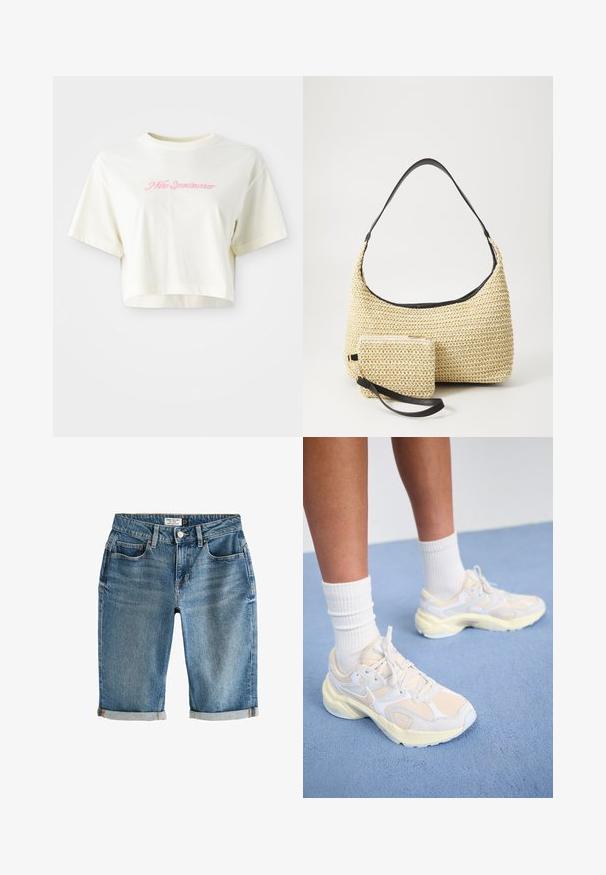 Trumpas, kreminės spalvos marškinėliai, pagaminti iš medvilnės. Puošti rožiniu siuvinėtu logotipu su užrašu "Nike Sportwear." Trumpomis rankovėmis ir apvaliu kaklu.; Mėlynos džinsinės šortai iki kelių su įvyniojimu, penkiomis kišenėmis ir metaliniu užsegimu. Medžiaga turi šiek tiek nudėvėtą išvaizdą.; Išvaizdūs sportiniai bateliai šviesiai geltonos ir baltos spalvų, pagaminti iš tinklinės ir sintetinių medžiagų, apvalios formos ir su tekstūruotais padais.; Austo pynimo šiaudinio rankinio krepšio su kreiviu siluetu, su glotnia juoda odine rankena ir atitinkamu mažu maišeliu, pritvirtintu prie riešo juostos.