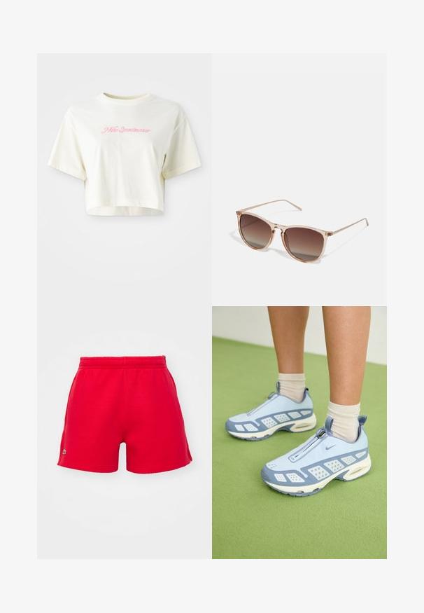 Trumpas, kreminės spalvos marškinėliai, pagaminti iš medvilnės. Puošti rožiniu siuvinėtu logotipu su užrašu "Nike Sportwear." Trumpomis rankovėmis ir apvaliu kaklu.; Raudoni šortai, pagaminti iš minkštos medžiagos, su elastinga juosmeniu ir nedideliu logotipo akcentu kairėje pusėje. Klasikinio kirpimo, su lygia tekstūra.; Šviesiai mėlynos sportinės batuokai su baltais akcentais, tekstūruotais paneliais ir užtrauktuku. Yra matoma oro amortizavimo padas ir guminis padas.; Rudi gradientiniai saulės akiniai su permatomu rožiniu rėmeliu, kvadratinės formos ir plonomis metalinėmis šakėmis. Yra su apvalintais kraštais ir minimaliais dekoratyviniais elementais.