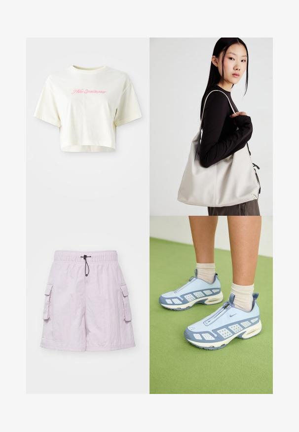 Beskåret kremfarget t-skjorte laget av bomull. Har en rosa brodert logo med teksten "Nike Sportswear." Korte ermer og rund hals.; Lys lilla cargo-short med elastisk midje, snor og to sidelommer. Tekstilt stoff med en lett rynket utseende.; Lyseblå treningssko med hvite detaljer, strukturerte paneler og glidelås. Har en synlig luftputesåle og gummisåle.; Beige håndveske laget av mykt materiale, med en slapp design, sydd detaljer og to skulderstropper. Passer for daglig bruk.