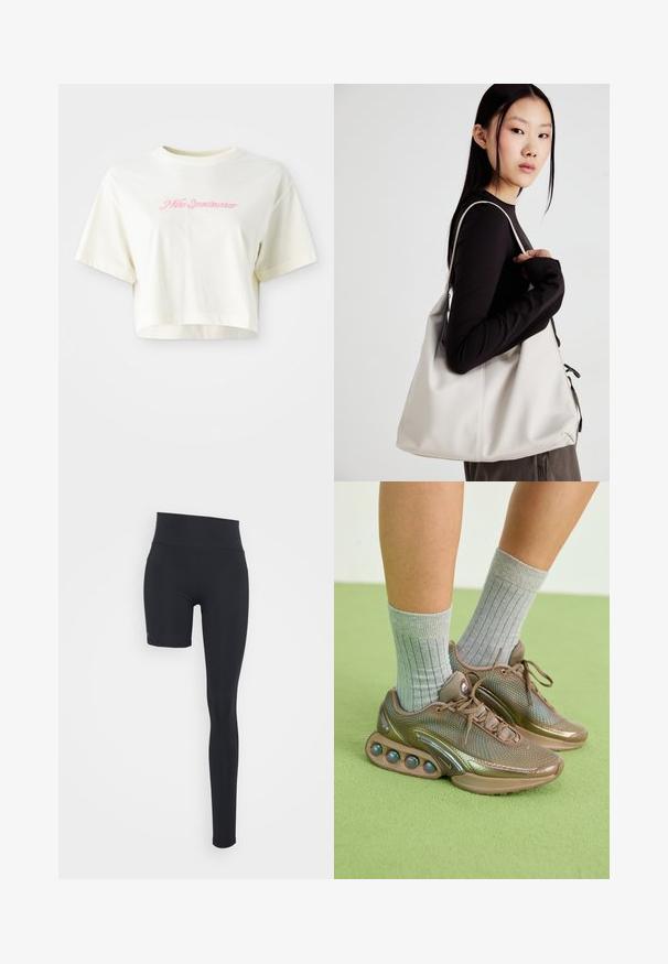 Skrajšana, krema barve majica iz bombaža. Ima roza vezen logotip z napisom "Nike Sportwear." Ima kratke rokave in okroglo ovratnik.; Even&Odd active ADAPTIVE LEGGINGS - Pajkice - black/short right leg; Svetlo rjavi športni čevlji z mrežasto zgornjo plastjo in iridescentnimi poudarki. Imajo zaobljen peti z obarvanimi kroglicami. Ujemajo se s sivimi žičnatimi nogavicami.; Bežna torbica iz mehkega materiala, z ohlapno zasnovo, šivi in dvema naramnicama. Primerna za vsakodnevno uporabo.