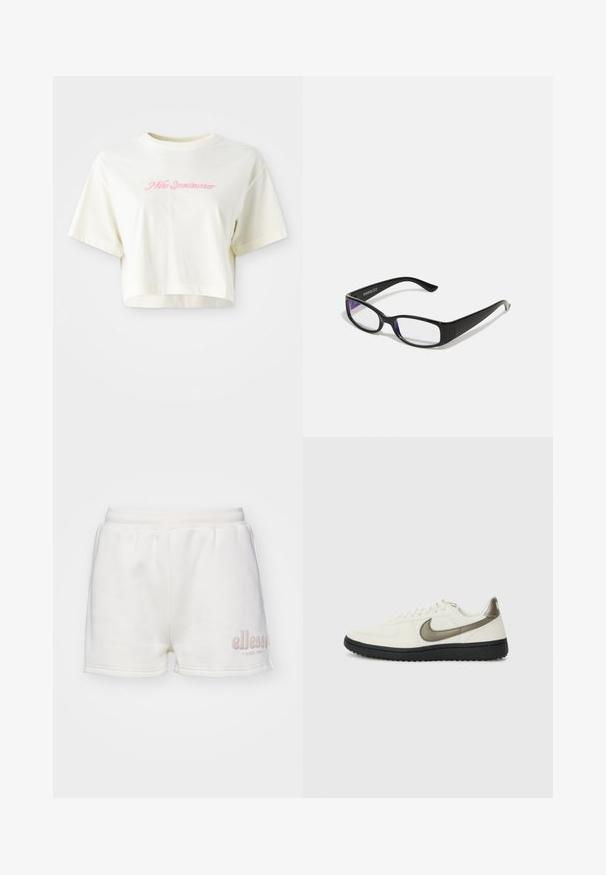 Izgriezta, krēmkrāsas T-kreklu, kas izgatavots no kokvilnas. Piedāvā rozā izšūtu logotipu ar uzrakstu "Nike Sportwear". Īsas piedurknes un apaļa izgriezuma kakla vieta.; Ellesse ENGELBERG - Treniņtērpa apakšdaļas - off-white; Nike Sportswear FIELD GENERAL - Treniņu apavi - off-white/black; Melnas taisnstūra brilles ar caurspīdīgiem stikliem. Spīdīga apdare, šauri kāti un violetais tonis, kas ir redzams stiklu malās.