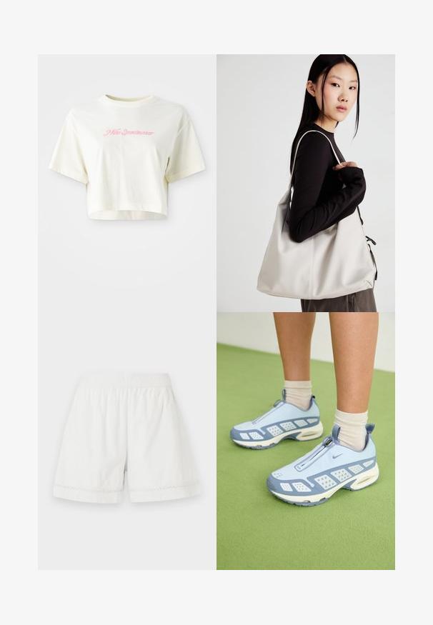 T-shirt cortada, de cor creme, feita de algodão. Apresenta um logo bordado em rosa que diz "Nike Sportwear". Com mangas curtas e gola redonda.; Calções de linho brancos com cintura elástica, corte descontraído e acabamento de renda decorativa na bainha. Textura suave e design casual.; Sapatos de desporto azul claro com acabamento branco, painéis texturizados e fecho de zíper. Apresentam uma sola com amortecimento visível e sola em borracha.; Uma bolsa bege feita de material macio, com um design descontraído, detalhes de costura e duas alças para o ombro. Adequada para uso diário.