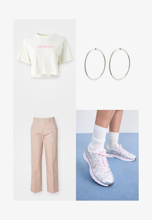 Izgriezta, krēmkrāsas T-kreklu, kas izgatavots no kokvilnas. Piedāvā rozā izšūtu logotipu ar uzrakstu "Nike Sportwear". Īsas piedurknes un apaļa izgriezuma kakla vieta.; Gaiši rozā, augsta jostasvietā bikses, izgatavotas no kokvilnas maisījuma auduma. Iespējas ietver priekšējo pogu aizdari, taisnas kājas un tradicionālas kabatas.; Nike skriešanas apavi ar sudraba pārklājumu, rozā akcentiem, baltām šņorēm un fakturētu zoli. Valkāti ar baltām kokvilnas sporta zeķēm.; Sudraba riņķa auskari ar gludu, pulētu apdari. Apaļa forma, vienāda platuma, izstrādāti vieglai aizdarei. Vienkārši un eleganti.