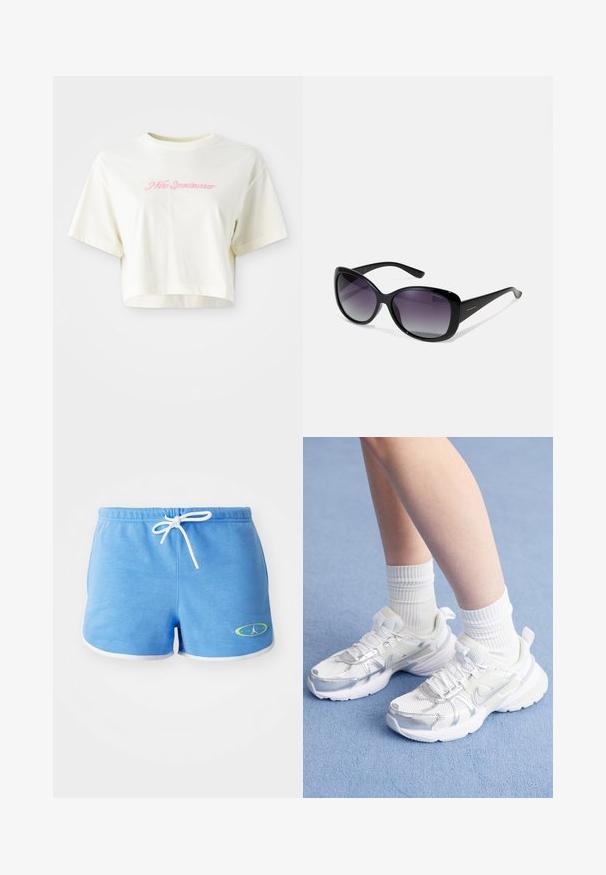 Lyhennetty, kermanvärinen t-paita, joka on valmistettu puuvillasta. Siinä on vaaleanpunainen brodeerattu logo, jossa lukee "Nike Sportwear." Lyhyet hihat ja pyöreä pääntie.; Vaaleansinisiä puuvillahortsseja, joissa on valkoinen nyöri, valkoiset reunat ja vihreällä korostettu logo vasemmassa alakulmassa.; Valkoiset urheilusandaalit, joissa on verkkokudosta ja synteettisiä päällysteitä, joissa on hopeinen Nike-logomerkki, ja jotka on yhdistetty ribbaisiin valkoisiin sukkiin sinisellä pinnalla.; Polaroid Aurinkolasit - black