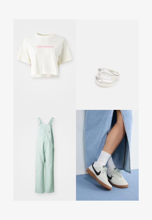 Afskåret, cremefarvet t-shirt lavet af bomuld. Har et pink broderet logo, der står "Nike Sportwear." Korte ærmer og en rund halsudskæring.; Lys mintgrønne overalls lavet af kraftigt stof, med justerbare skulderstropper, en brystlomme og to sidelommer.; Nike sneakers med et lys gråt ruskindsoverdel, sort swoosh-logo og gummisul. Båret med hvide ribbede sokker og en blå denimnederdel.; Sølvring med dobbeltbånd og en glat, poleret overflade. Den har et flydende, buet design med overlappende sektioner for et moderne udtryk.