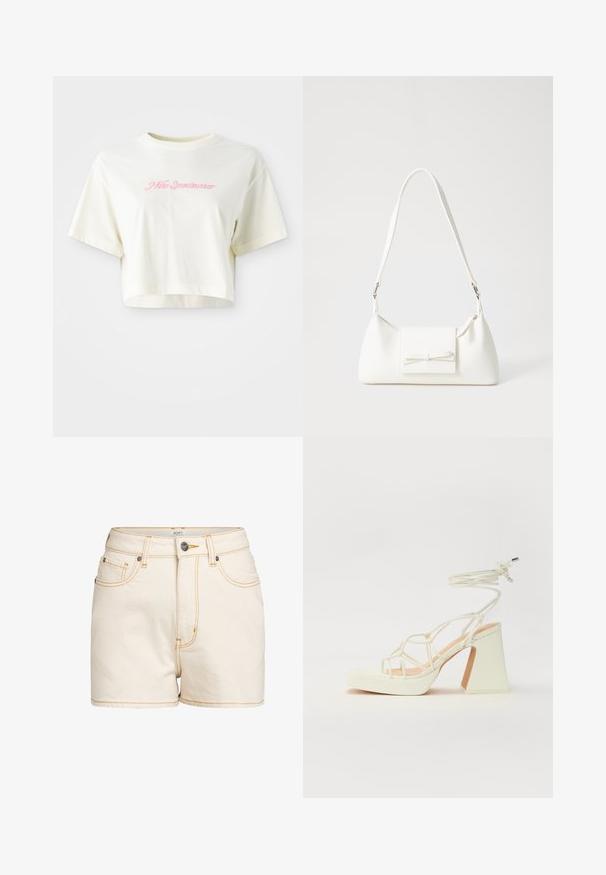 Krátky, smotanový tričko vyrobené z bavlny. Obsahuje ružový vyšívaný logotyp s nápisom "Nike Sportwear." Krátke rukávy a okrúhly výstrih.; Béžové džínsové kraťasy s vysokým pásom, s kontrastným žltým prešívaním, prednými vreckami a uzatváraním na kovový gombík so značkou.; Biele sandále na vysokom opätku s hrubým podpätkom, s pruhovaným dizajnom a viazaním na členku. Hladký povrch s platformou vpredu pre zvýšenú výšku.; Biela syntetická kabelka s trojuholníkovým tvarom, plochým predným klapkou a detailom mašle, nastaviteľným popruhom, hladkou textúrou a minimalistickým dizajnom.