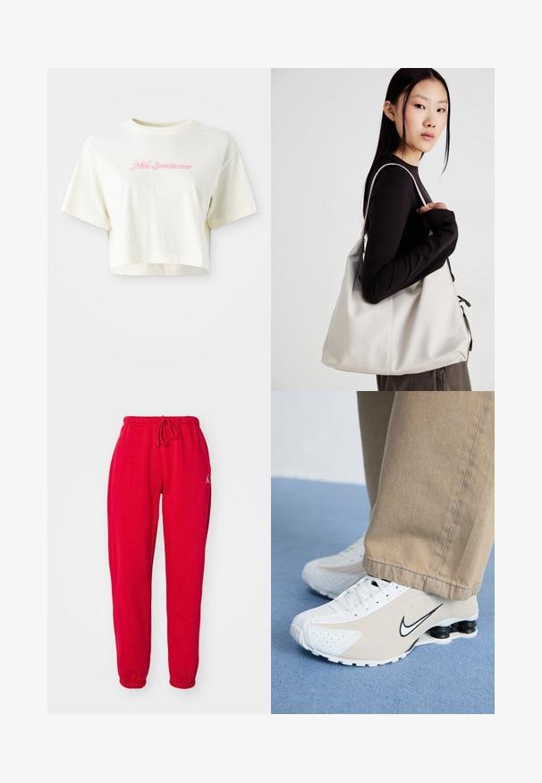 Beskåret kremfarget t-skjorte laget av bomull. Har en rosa brodert logo med teksten "Nike Sportswear." Korte ermer og rund hals.; Røde joggebukser med elastisk midjebånd og snøring. Har mansjetter i bunnen og en liten logoakkent på øvre venstre ben. Myk tekstur.; Hvide og beige Nike sneakers med perforeret design, sort swoosh-logo, tekstureret overdel og karakteristisk fjederagtig sort hæl.; Beige håndveske laget av mykt materiale, med en slapp design, sydd detaljer og to skulderstropper. Passer for daglig bruk.