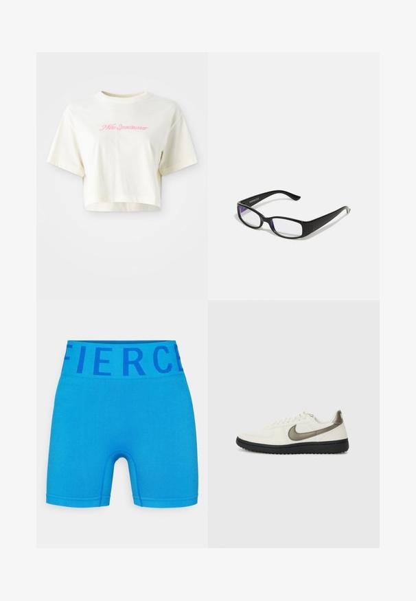 Lühendatud, kreemjas värvi t-särk, mis on valmistatud puuvillast. Omab roosa tikandiga logot, millel on kiri "Nike Sportwear". Lühikesed varrukad ja ümmargune kaelus.; Sinised sportlikud lühikesed püksid venivast kangast, millel on lai vöökoht, kus on sõna "Fierce" tumehallis kirjutatud. Sile pind ja sobiv disain.; Nike Sportswear FIELD GENERAL - Tossud - off-white/black; Mustad mustad prillid selgete läätsedega. Läikiv viimistlus, kitsad vars, ja läätsede servadel on nähtav lilla varjund.