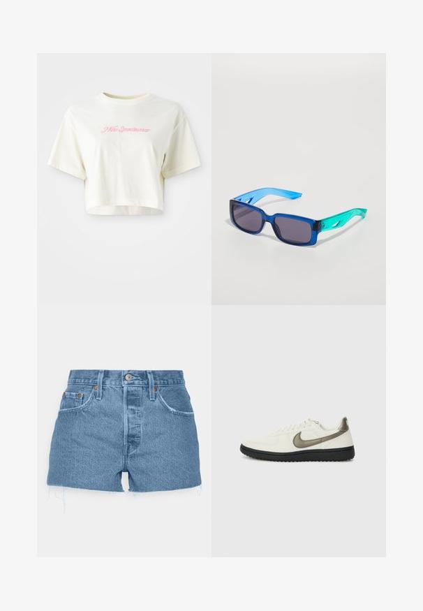 Cropped, cream-colored t-shirt made of cotton. Features a pink embroidered logo that reads "Nike Sportwear." Short sleeves and a round neckline.; Levi's® 501® ORIGINAL - Denim shorts - ojai light stone; Nike Sportswear FIELD GENERAL - Trainers - off-white/black; Blue and green sunglasses with rectangular lenses; transparent frames; textured blue arms; dark lenses; notable branding on the side.