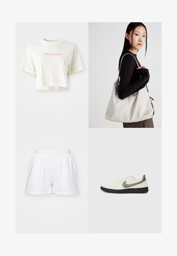 Trumpas, kreminės spalvos marškinėliai, pagaminti iš medvilnės. Puošti rožiniu siuvinėtu logotipu su užrašu "Nike Sportwear." Trumpomis rankovėmis ir apvaliu kaklu.; Balti medvilniniai šortai su elastiniu juosmeniu, šoninėmis kišenėmis ir laisvu siluetu ant vientiso fono.; Nike Sportswear FIELD GENERAL - Sportbačiai - off-white/black; Bežinė rankinė, pagaminta iš minkštos medžiagos, turinti laisvą dizainą, siuvinėtas detalės ir dvi petnešos. Tinkama kasdieniam naudojimui.