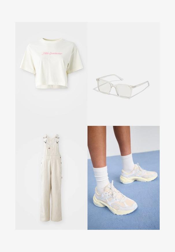 Λιτή, κρεμ μπλούζα από βαμβάκι με κοντό μήκος. Διαθέτει ροζ κεντητό λογότυπο που γράφει "Nike Sportwear". Έχει κοντά μανίκια και στρογγυλή λαιμόκοψη.; Καρό μπεζ σαλοπέτες φτιαγμένες από ύφασμα, με ρυθμιζόμενους ιμάντες, μπροστινή τσέπη και χαλαρή εφαρμογή με φαρδιές γάμπες.; Λείες αθλητικές παπούτσια σε ανοιχτό κίτρινο και λευκό, με πλέγμα και συνθετικά υλικά, στρογγυλή μορφή και υφασμένες σόλες.; Διάφανα πλαστικά γυαλιά με τετράγωνους σκελετούς και διαφανείς φακούς, με χρυσές λεπτομέρειες στους βραχίονες για επιπλέον στυλ.
