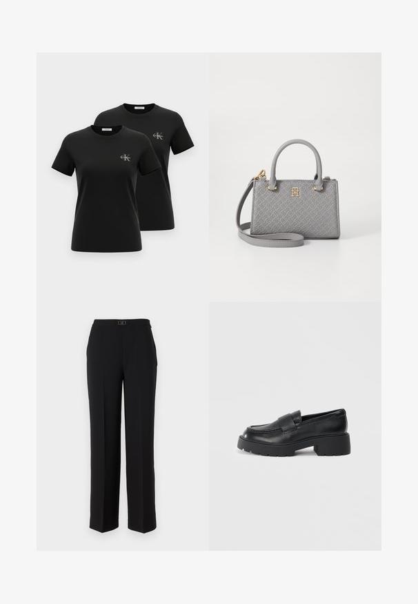 Dve črni majici s kratkimi rokavi in okroglim izrezom, vsaka z majhnim sivim logotipom "CK Calvin Klein" na levi strani prsi, prikazani na belem ozadju.; Črne krojene hlače iz gladkega materiala, s ravnim krojem, z pasom z dekorativno srebrno sponko in brez vidnih vzorcev.; Črne usnjene loafers čevlje z teksturirano površino, ki imajo pravokoten pas čez zgornji del in debel, zarezani dizajn podplata.; Tommy Hilfiger ETERNITY MICRO TOTE MONO - Torbica - universal grey