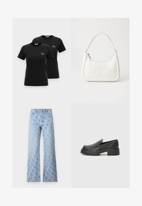 Duas t-shirts pretas de manga curta com decote redondo e pequenos logotipos cinzentos "CK Calvin Klein" no lado esquerdo do peito, apresentadas num fundo branco.; Jeans de ganga de tom azul claro com pernas largas, apresentando um padrão de letras interligadas em um tom ligeiramente mais escuro. Design clássico de cinco bolsos.; Mocassins de couro preto com bico arredondado, sola espessa e texturizada, e detalhes de costura minimalistas. Design elegante sem atacadores ou ferragens visíveis.; Mala de mão branca em pele com uma forma curva, apresentando um logo "CK" em relevo na frente e uma alça de ombro única. Fecho com zíper na parte superior.