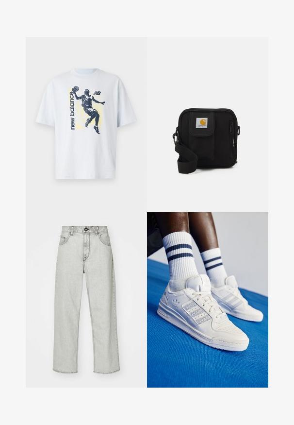 Lichtblauw katoenen T-shirt met een donkere silhouet van een basketbalspeler en "new balance" tekst in contrasterende kleuren. Korte mouwen.; Lichtgrijze high-waisted jeans met een relaxte pasvorm, vijf zakken, sluiting met een knoop aan de voorkant en een subtiel textuurpatroon op de denim stof.; Witte leren sneakers met geperforeerde accenten, drie metalen strepen en een textuurpanel aan de zijkant. Draagt met witte sokken met blauwe strepen.; Zwarte schoudertas met een rits hoofdcompartiment, voork pocket, verstelbare strap en een zichtbaar logo op de klep.