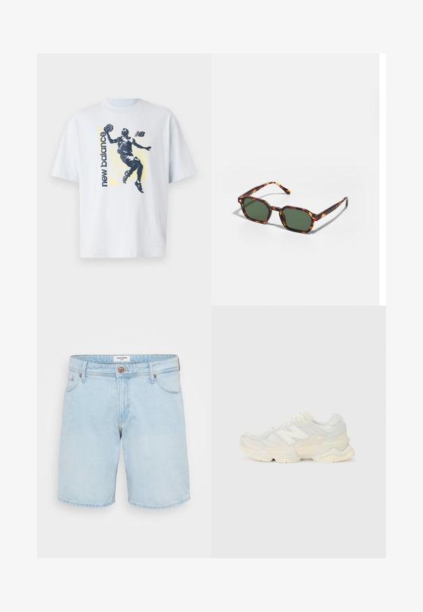 Svetlo modra bombažna majica s temno silhueto košarkarja in besedilom "new balance" v kontrastnih barvah. Kratki rokavi.; Svetlo modri jeans kratke hlače s standardnim krojem, petimi žepi, enim kovinskim gumbom za zapiranje in subtilnim bledenjem na tkanini.; Lahki športni čevlji z zgornjim delom iz mrežastega materiala in antilopa v nežnih kremnih tonih, z debelim podplatom in tridimenzionalnimi poudarki.; Očalna okvir iz želvje školjke z zelenimi lečami, ki ima osemkotno obliko in tanke, zakrivljene ročke. Material ima sijajno površino.