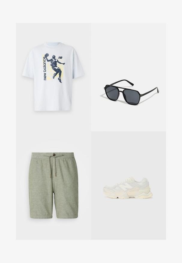 T-shirt en coton bleu clair avec une silhouette sombre d'un joueur de basketball et le texte "new balance" dans des couleurs contrastées. Manches courtes.; Shorts vert clair en tissu texturé avec taille élastique, cordon de serrage et détail de fermeture à bouton unique.; Sneaker léger avec une tige en maille et en daim dans des teintes crèmes douces, doté d'une semelle épaisse et d'accents tridimensionnels.; Lunettes de soleil noires avec monture octogonale, verres foncés, finition brillante, branches fines et accents dorés sur l'avant.