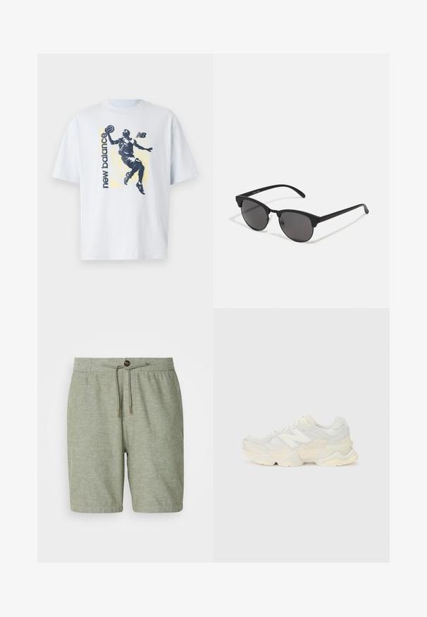 Lyseblå bomull T-skjorte med en mørk silhuett av en basketballspiller og "new balance" tekst i kontrasterende farger. Korte ermer.; Lys grønne shorts laget av et strukturert stoff med elastisk liv, snor og en enkelt knapp detalj for lukking.; Lett sneaker med en overdel i mesh og semsket skinn i myke kremtoner, med en kraftig såle og tredimensjonale detaljer.; Sorte solbriller med runde linser, matt finish og karakteristisk katteøyeform. Slanke armer med subtil merking på venstre tempel.
