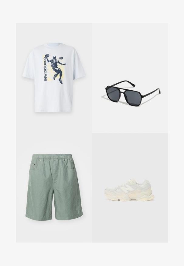 Lyseblå bomull T-skjorte med en mørk silhuett av en basketballspiller og "new balance" tekst i kontrasterende farger. Korte ermer.; Lys grønne shorts laget av teksturert stoff med elastisk midje, som har to sidelommer og minimale sømdetaljer.; Lett sneaker med en overdel i mesh og semsket skinn i myke kremtoner, med en kraftig såle og tredimensjonale detaljer.; Sorte solbriller med ottekantet ramme, mørke linser, blank finish, tynde stænger og guld accenter på fronten.