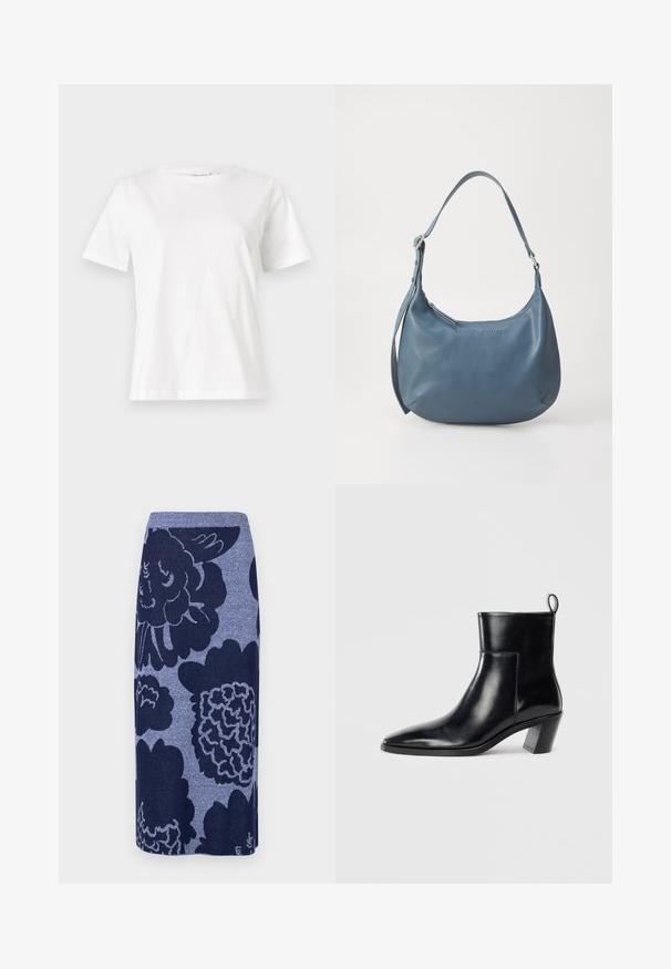 T-shirt de algodão branco com mangas curtas, decote redondo e um corte descontraído. Textura suave, sem padrões ou detalhes, design minimalista.; Saia de malha com grandes padrões florais em tons de azul escuro e azul mais claro. Forma reta com uma faixa de cintura canelada. Textura suave.; Botim de cano baixo em couro preto com bico pontiagudo, um salto geométrico empilhado e uma alça na parte de trás. Textura suave e design elegante.; Bolsa de couro azul com formato arredondado, alça única para o ombro, fecho em zíper e nome da marca em relevo na parte da frente. Textura suave.