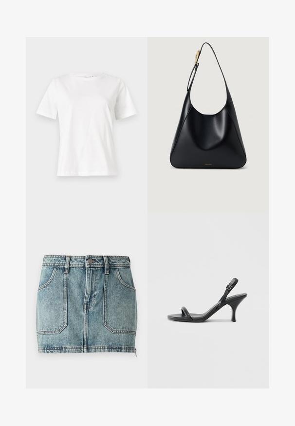 Baltas kokvilnas T-krekls ar īsām piedurknēm, apaļu kakla izgriezumu un brīvu piegriezumu. Gluda tekstūra, bez rakstiem vai akcentiem, minimālistisks dizains.; Gaiši zila džinsa mini svārku ar piecām kabatām, jostu cilpām, metāla pogas aizdari un kontrastējošiem šuvēm.; Melnas ādas augstpapēžu sandales ar plānu, izliekta formas papēdi un krustenisku siksnu dizainu. Regulējama potītes siksna. Gluda tekstūra.; Melnas ādas plecu soma ar gludu tekstūru, izliekta silueta un zelta aparatūru. Aprīkota ar debumpētu zīmola logotipu apakšā.
