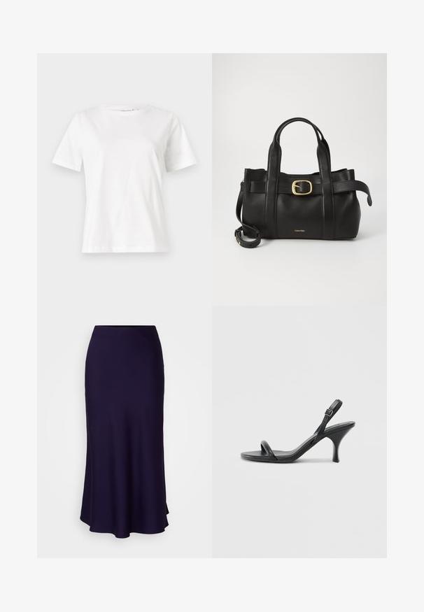 Weißes Baumwoll-T-Shirt mit kurzen Ärmeln, Rundhalsausschnitt und lockerer Passform. Glatte Textur, keine Muster oder Akzente, minimalistisches Design.; Navy Midi-Rock aus weichem Stoff, mit schmalem Taillenbund und weit auslaufendem Saum. Glatte Textur ohne sichtbare Muster oder Verzierungen.; Schwarze Leder-Sandalen mit hohen Absätzen, schlankem, gebogenem Absatz und gekreuztem Riemendesign. Verstellbarer Knöchelriemen. Glatte Textur.; Schwarze Lederhandtasche mit strukturiertem Design, doppelten oberen Griffen, goldfarbenem Schnallenakzent und geprägtem Markenlogo auf der Vorderseite.