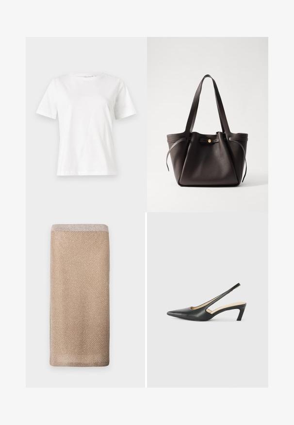 T-shirt en coton blanc à manches courtes, col rond et coupe décontractée. Texture lisse, sans motifs ni accents, design minimaliste.; Écharpe en maille beige avec un éclat subtil, finition texturée et un bord supérieur de couleur plus claire. Forme rectangulaire.; Slingback noir à bout pointu avec un petit talon, en cuir lisse et doté d'un design découpé sur le côté pour plus de respirabilité.; Sac en cuir brun foncé avec deux poignées solides, un haut resserré et une fermeture à bouton doré. Surface texturée avec des accents minimaux.