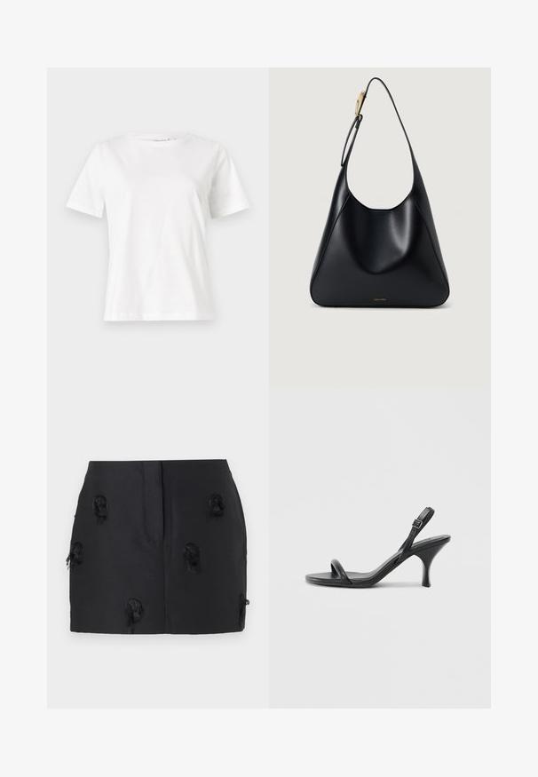 Vit bomullströja med korta ärmar, rund halsringning och en avslappnad passform. Slät textur, inga mönster eller detaljer, minimalistisk design.; Svart kjol med en åtsittande design och texturerade, fransiga detaljer spridda över tyget. Slät material med inga synliga knäppningar.; Svarta läder högklackade sandaler med en smal, böjd klack och ett korsat remdesign. Justerbar ankelrem. Slät textur.; Svart läderaxelväska med en slät yta, böjd silhuett och en gulddetalj. Har en präglad logotyp vid basen.