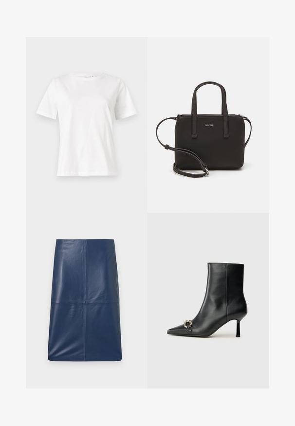 Vit bomullströja med korta ärmar, rund halsringning och en avslappnad passform. Slät textur, inga mönster eller detaljer, minimalistisk design.; Marinblå läderpennkjol med en mjuk, glansig yta, med en enkel, strömlinjeformad design och rak passform. Ingen synlig hårdvara.; Svart läderankelboot med spetsig tå, smal medelhög klack och silverfärgad spänndetalj på sidan mot en enfärgad bakgrund.; Svart handväska med dubbla korta handtag och ett avtagbart axelband. Slät läderliknande material med dragkedjestängning och logodetalj.