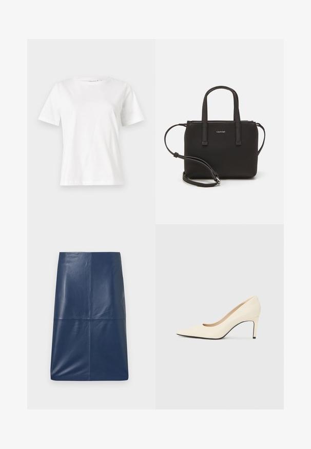 Bijela pamučna majica s kratkim rukavima, okruglim izrezom i opuštenim krojem. Glatka tekstura, bez uzoraka ili akcenata, minimalistički dizajn.; Tamnoplava kožna olovka suknja glatke, sjajne teksture, koja se odlikuje jednostavnim, elegantnim dizajnom i ravnim krojem. Nema vidljivih metalnih detalja.; Bijele visoke potpetice od kože s oštrom nožnom kapom, glatkom teksturom i crnim naglaskom na potplatu. Klasični dizajn s umjerenom visinom pete.; Crna torba s dva kratka ručka i uklonjivom naramenicom. Glatki materijal nalik koži s zatvaračem na zatvaranje i detaljem s logom.