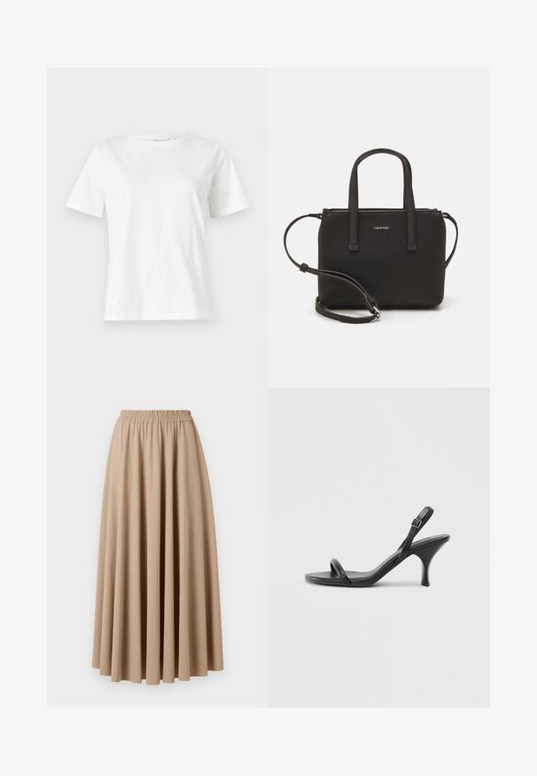 White cotton t-shirt with short sleeves, round neckline, and a relaxed fit. Smooth texture, no patterns or accents, minimalistic design.; Beige maxi skirt featuring an elastic waistband, made from soft fabric with a flowing, pleated design. Smooth texture, solid color.; Black leather high-heeled sandals with a slim, curved heel and a crossed strap design. Adjustable ankle strap. Smooth texture.; Black handbag with dual short handles and a removable shoulder strap. Smooth leather-like material with a zip closure and logo detail.