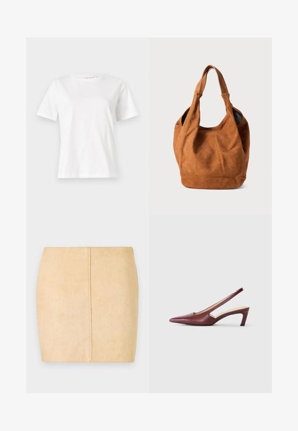 White cotton t-shirt with short sleeves, round neckline, and a relaxed fit. Smooth texture, no patterns or accents, minimalistic design.; Beige suede mini skirt featuring a smooth texture, fitted shape, and central seam detail. No visible hardware or embellishments.; Burgundy slingback heels with a pointed toe, cutout details on the side, and a mid-height block heel. Smooth leather finish.; Brown suede shoulder bag with a soft texture, curved shape, and two handles. Features a minimal design with no visible hardware or accents.