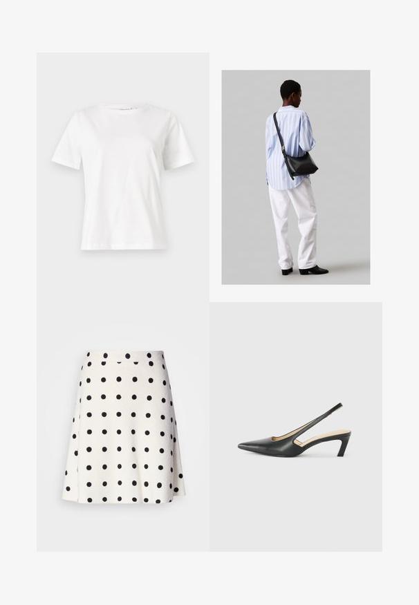 Weißes Baumwoll-T-Shirt mit kurzen Ärmeln, Rundhalsausschnitt und lockerer Passform. Glatte Textur, keine Muster oder Akzente, minimalistisches Design.; Marc Cain A-Linien-Rock - white/black; Schwarzer spitz zulaufender Slingback-Schuh mit niedrigem Absatz, der aus glattem Leder gefertigt ist und seitliche Ausschnitte für Atmungsaktivität aufweist.; Schwarze Leder-Umhängetasche mit weicher Textur, dreieckiger Form und verstellbarem Tragegurt, kombiniert mit einem hellblauen gestreiften Hemd und weißen Hosen.