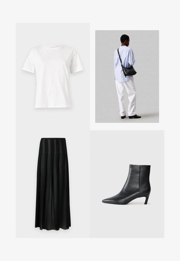 Fehér pamut póló rövid ujjakkal, kerek nyakkivágással és laza szabással. Sima textúra, nincsenek minták vagy díszítések, minimalista dizájn.; Fekete, pliszírozott maxi szoknya könnyű anyagból, függőleges selyemcsíkokkal és kényelmes derékpánttal a könnyű viseletért.; Fekete bőr bokacsizma hegyes orral és alacsony macskatalppal, egy sima világos háttéren.; Fekete bőr válltáska puha tapintással, háromszög alakú, állítható pánttal, világoskék csíkos inggel és fehér nadrággal párosítva.
