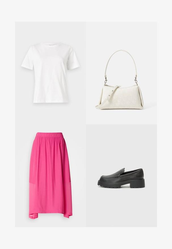 Fehér pamut póló rövid ujjakkal, kerek nyakkivágással és laza szabással. Sima textúra, nincsenek minták vagy díszítések, minimalista dizájn.; Rózsaszín midi szoknya elastikus derékrésszel, rétegezett kialakítással és áttetsző részletekkel, amelyek lágy sziluettet és puha textúrát biztosítanak.; Fekete bőr loafer cipők kerek orral, vastag, texturált talppal és minimális varrási részletekkel. Áramvonalas dizájn, látható fűzők vagy fém részek nélkül.; Fehér kézitáska sima textúrával, ívelt sziluettel és állítható vállpánttal. Diszkrét logó minta és ezüstszínű kiegészítők jellemzik.
